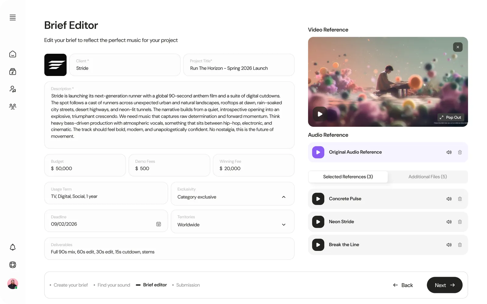 Screenshot of the FSTRX brief builder turning a project’s creative vision into a structured music brief