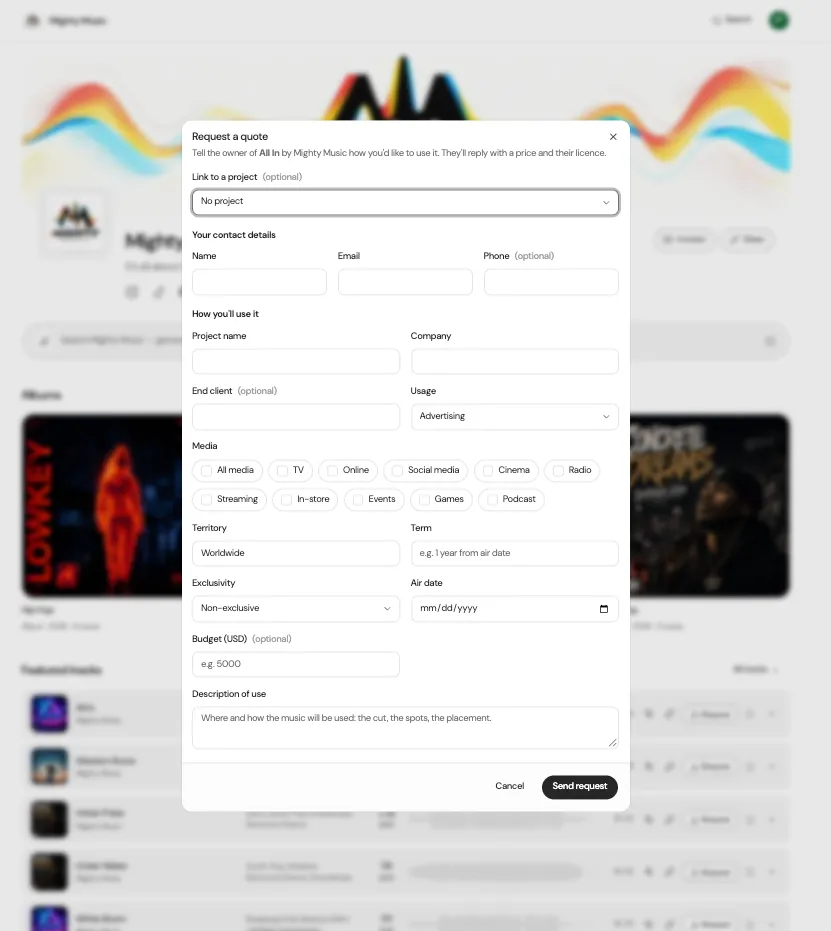 Screenshot of the Request a quote form a buyer fills in to request a licence for a track