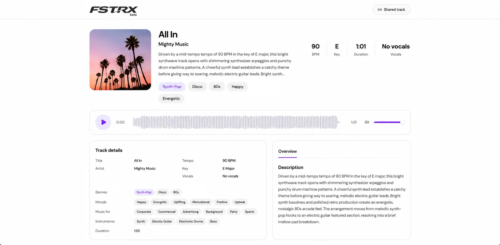 Screenshot of a track page showing its automatic genres, moods, instruments, vocals, key and tempo