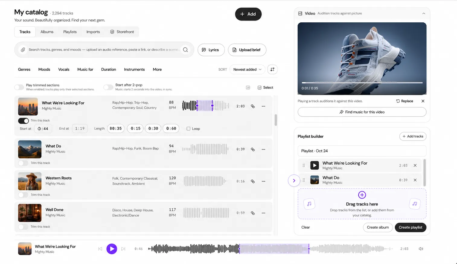 Screenshot of the FSTRX catalog with a track trimmed to a selected section, next to a video and a playlist builder