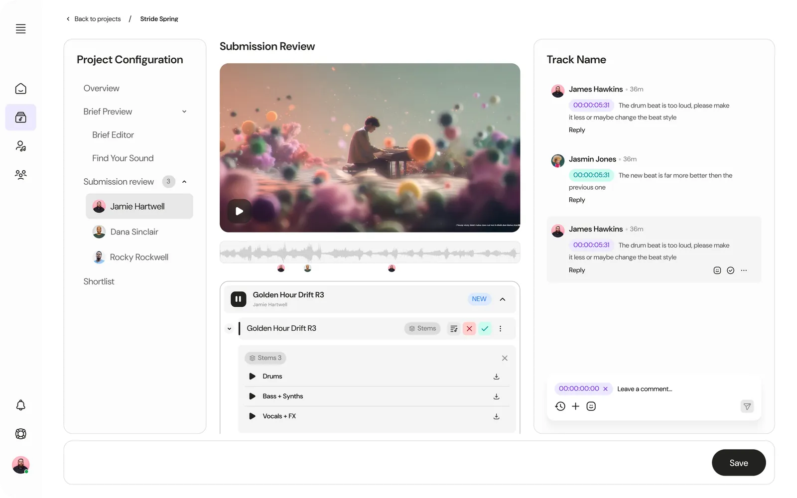 Screenshot of the submission review screen with tracks, comments and approvals